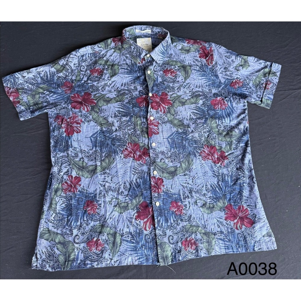 Tasso Elba Island Mens XL Blue Tropical Floral Paisley Cotton Button Up Shirt‎